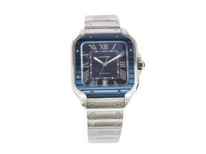 Santos Large Stainless Steel watch with a 40mm case, blue dial, and matching blue bezel on a stainless steel bracelet.