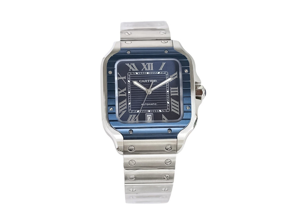 Santos Large Stainless Steel watch with a 40mm case, blue dial, and matching blue bezel on a stainless steel bracelet.