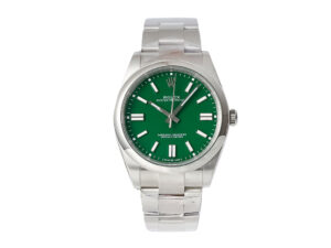 Oyster Perpetual 41 Stainless Steel watch with green dial, sleek hour markers, and polished silver bracelet.