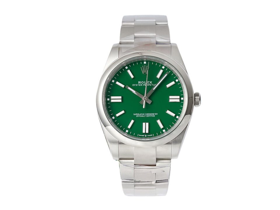 Oyster Perpetual 41 Stainless Steel watch with green dial, sleek hour markers, and polished silver bracelet.