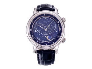 Celestial Stainless Steel watch with blue dial, featuring celestial design, Roman numerals, and black leather strap.