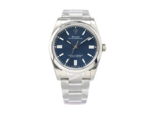 Oyster Perpetual 36 Stainless Steel watch with a blue dial, silver hour markers, and polished bezel.
