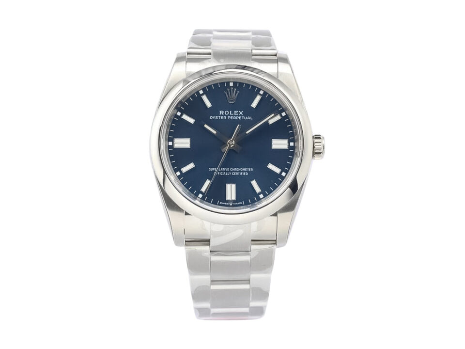 Oyster Perpetual 36 Stainless Steel watch with a blue dial, silver hour markers, and polished bezel.