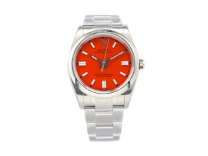 Oyster Perpetual 36 Stainless Steel watch with a bold red dial and luminous markers, displayed on a stainless steel bracelet.