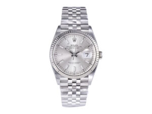Datejust 36 Stainless Steel watch on Jubilee bracelet with silver dial and fluted bezel, featuring date display at 3 o’clock.