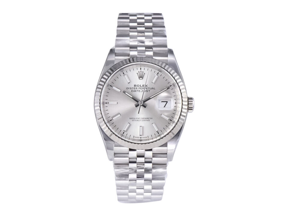 Datejust 36 Stainless Steel watch on Jubilee bracelet with silver dial and fluted bezel, featuring date display at 3 o’clock.