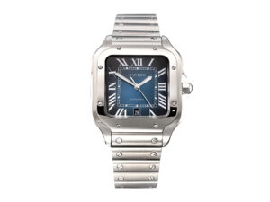 Santos Large Stainless Steel watch with blue dial (40mm) featuring Roman numerals and a polished metal bracelet.