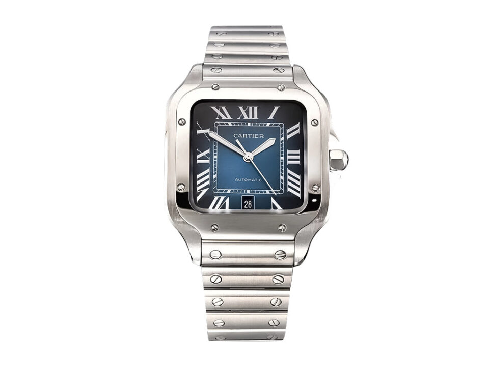 Santos Large Stainless Steel watch with blue dial (40mm) featuring Roman numerals and a polished metal bracelet.