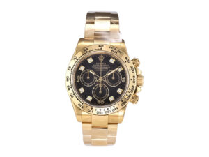 Cosmograph Daytona Yellow Gold watch with diamond markers, black dial, and yellow gold bracelet.