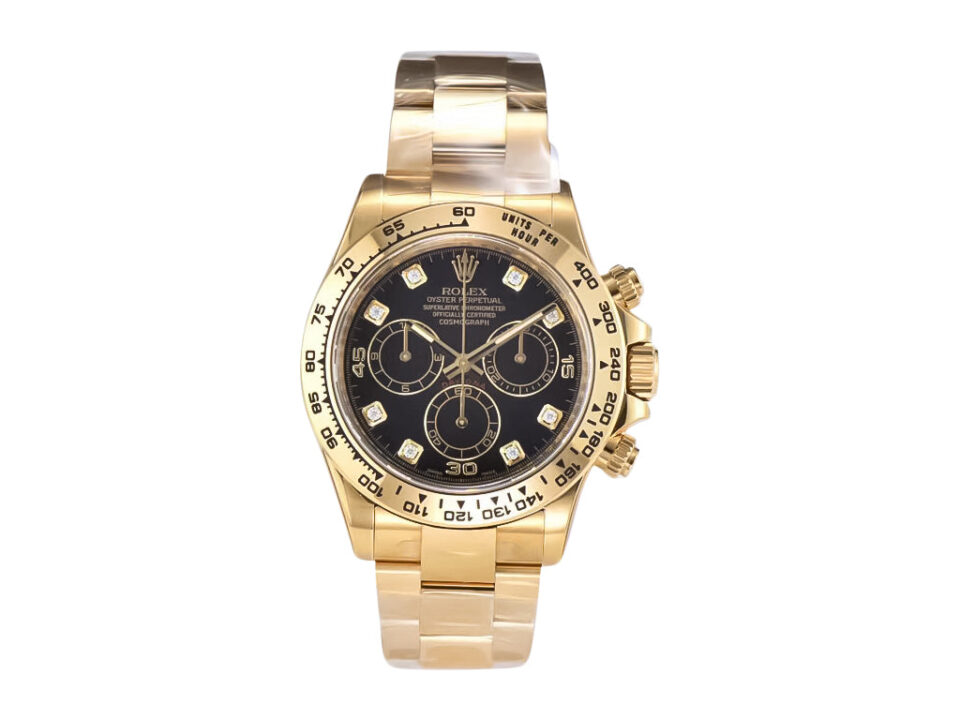 Cosmograph Daytona Yellow Gold watch with diamond markers, black dial, and yellow gold bracelet.