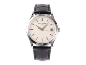 Calatrava Stainless Steel watch, 38mm with ivory dial, black leather strap, and date display on the product page.