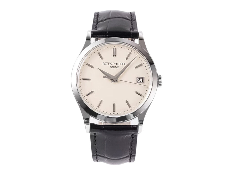 Calatrava Stainless Steel watch, 38mm with ivory dial, black leather strap, and date display on the product page.