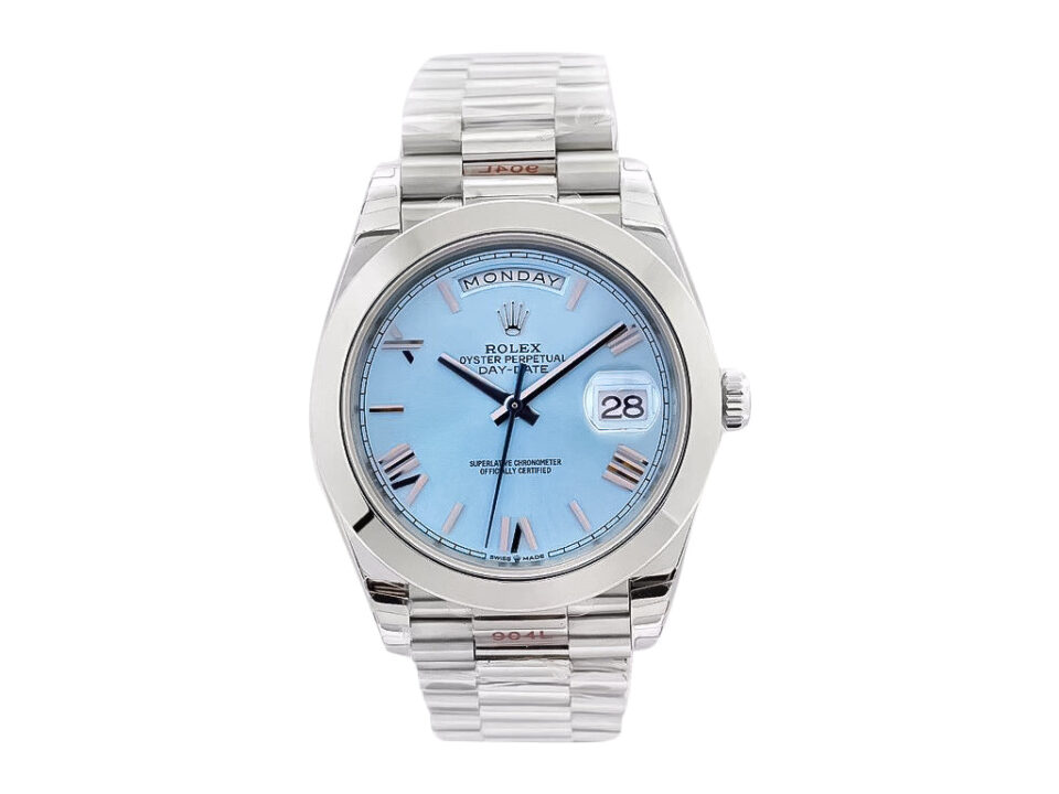Day-Date 40 Platinum 'President' watch with ice blue Roman numeral dial, smooth bezel, and platinum bracelet.