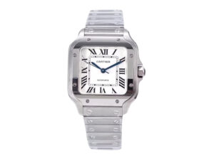 Santos Medium Stainless Steel watch with a 35mm case, white dial, Roman numerals, and polished bracelet displayed upfront.