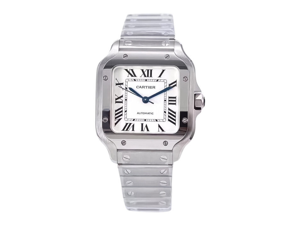 Santos Medium Stainless Steel watch with a 35mm case, white dial, Roman numerals, and polished bracelet displayed upfront.