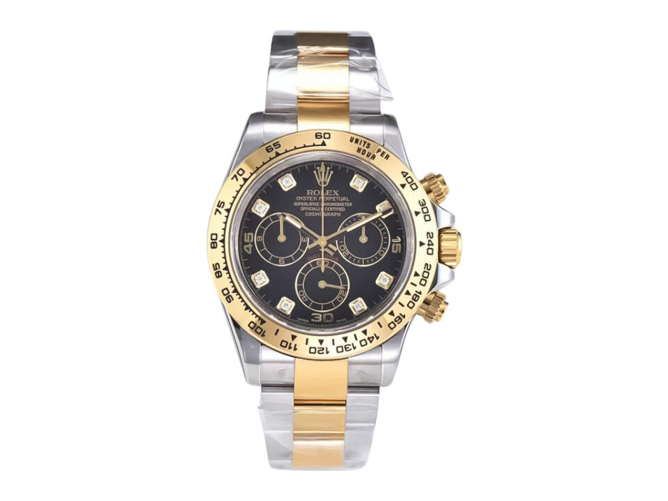Two-tone yellow gold and steel Cosmograph Daytona watch with black diamond dial, tachymeter bezel, and chronograph subdials.