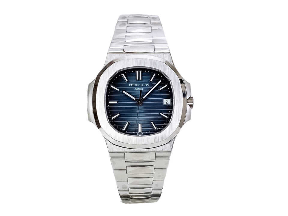 Nautilus Stainless Steel watch with blue dial, 40mm case, sleek design, and stainless steel bracelet displayed front-facing.