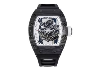 RM055 Bubba Watson watch with white dial, black bezel, skeleton design, and black rubber strap (49mm), displayed front view.
