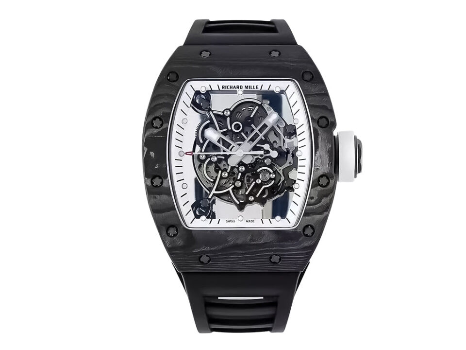 RM055 Bubba Watson watch with white dial, black bezel, skeleton design, and black rubber strap (49mm), displayed front view.