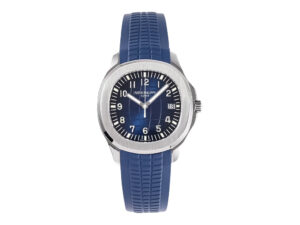 Aquanaut Stainless Steel ‘Jumbo’ with Blue Dial (42mm) featuring a textured blue strap and bold white numerals.