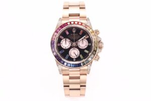 Cosmograph Daytona Rose Gold ‘Rainbow’ watch with diamond bezel and multicolor gemstone hour markers on a rose gold bracelet.