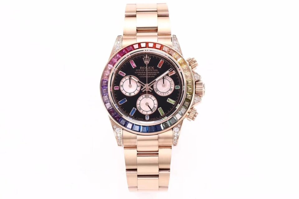 Cosmograph Daytona Rose Gold ‘Rainbow’ watch with diamond bezel and multicolor gemstone hour markers on a rose gold bracelet.