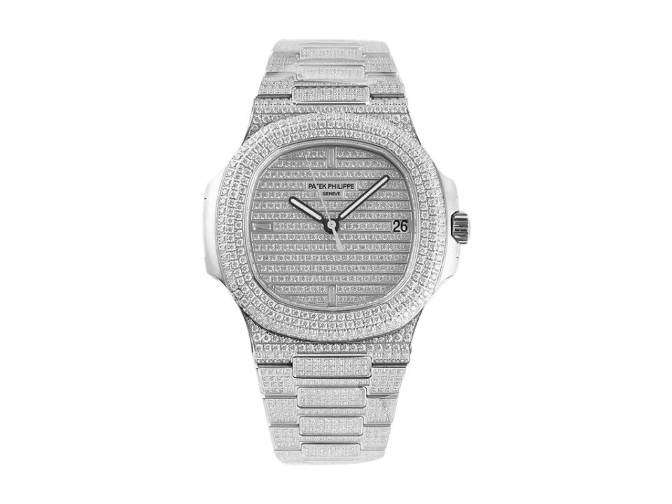 Nautilus Stainless Steel ‘Iced Out’ 40mm watch with diamond-encrusted design and silver-toned finish.