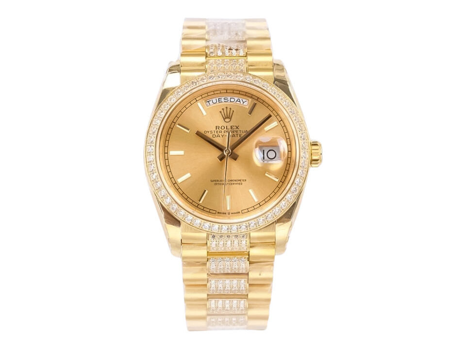 Day-Date 36 Yellow Gold ‘President’ watch with Champagne Dial, Diamond Bezel, and matching gold bracelet.