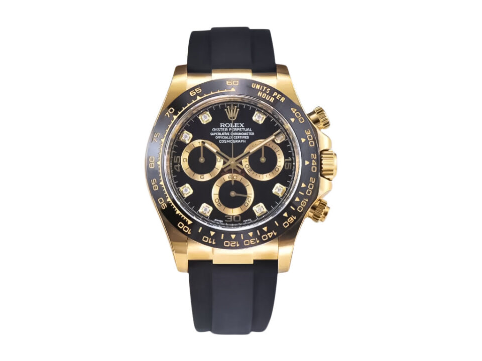 Cosmograph Daytona Yellow Gold Oysterflex with Diamond Black Dial, featuring a black strap and polished gold accents.