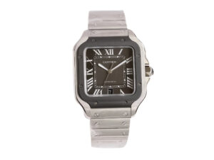 Santos Large Stainless Steel watch, 40mm with grey dial, grey bezel, Roman numerals, and stainless steel bracelet.