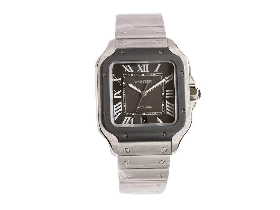 Santos Large Stainless Steel watch, 40mm with grey dial, grey bezel, Roman numerals, and stainless steel bracelet.