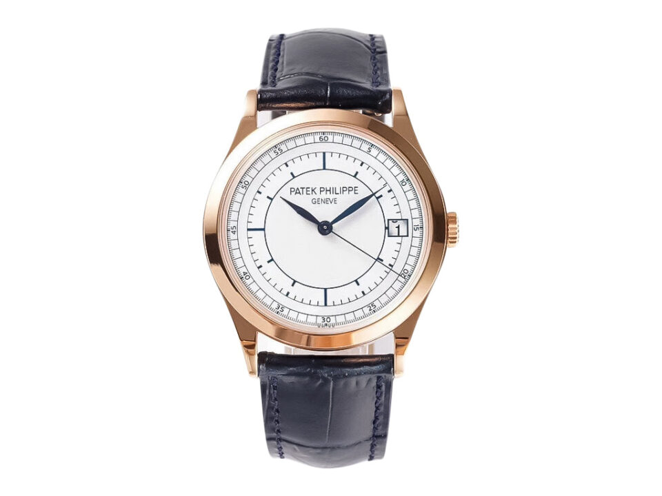 Calatrava Rose Gold ‘Scientific’ with Silver Dial (38mm) featuring a leather strap and classic design on product display.