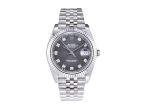 Datejust 41 Stainless Steel with Jubilee bracelet, Diamond Rhodium Dial, and Fluted Bezel showcased front view.