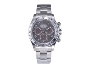 Cosmograph Daytona stainless steel watch with grey sunburst dial, Arabic numerals, and polished bracelet on display.