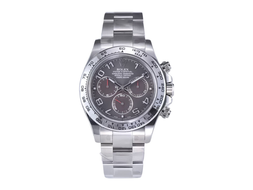 Cosmograph Daytona stainless steel watch with grey sunburst dial, Arabic numerals, and polished bracelet on display.