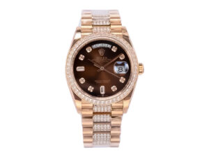 Day-Date 36 Rose Gold 'President' watch with a Diamond Chocolate Dial, Diamond Bezel, and diamond-accented bracelet.