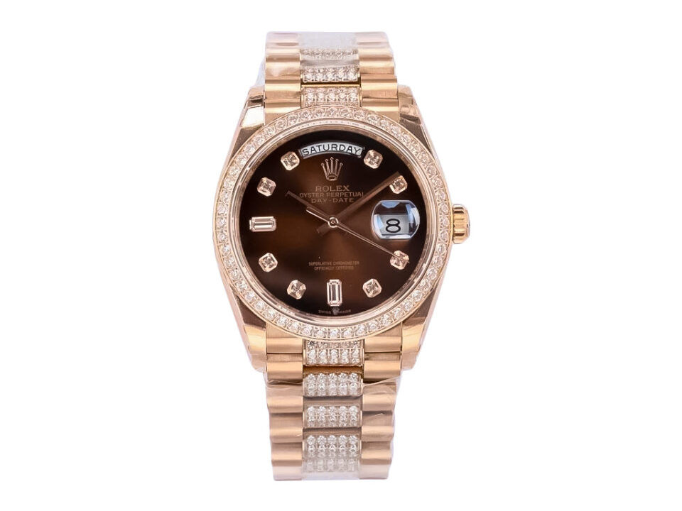 Day-Date 36 Rose Gold 'President' watch with a Diamond Chocolate Dial, Diamond Bezel, and diamond-accented bracelet.
