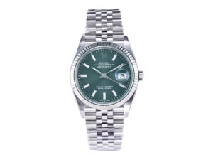 Datejust 36 Stainless Steel watch on Jubilee bracelet, Mint Green Dial with Fluted Bezel displayed on a white background.