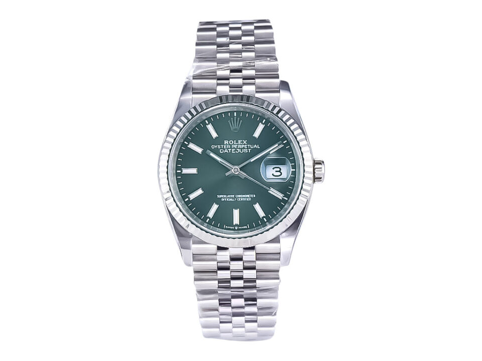 Datejust 36 Stainless Steel watch on Jubilee bracelet, Mint Green Dial with Fluted Bezel displayed on a white background.