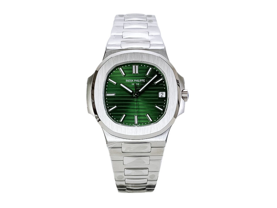 Nautilus Stainless Steel watch with a 40mm case, green dial featuring luminous markers, and stainless steel bracelet.