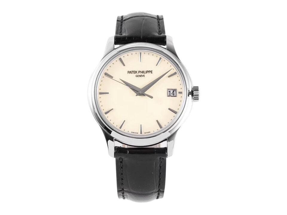 Calatrava Stainless Steel watch with 39mm ivory dial, black leather strap, date display, and minimalist design.