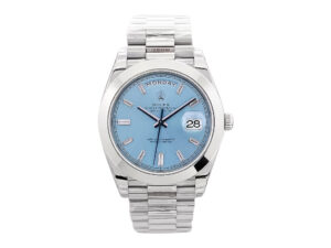 Day-Date 40 Platinum ‘President’ watch with Ice Blue Diamond Dial, Smooth Bezel, platinum bracelet on a product page.