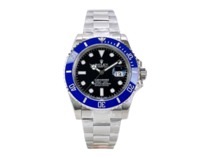 Submariner Date Stainless Steel 'Cookie Monster' (41mm) watch with a blue bezel, black dial, and stainless steel bracelet.