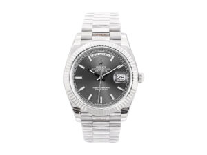 Day-Date 40 White Gold ‘President’ watch with grey dial, fluted bezel, and signature bracelet displayed front-facing.