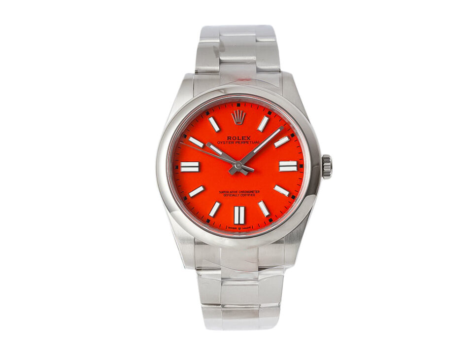 Oyster Perpetual 41 Stainless Steel watch with vibrant red dial, luminous hour markers, and sleek metal bracelet.