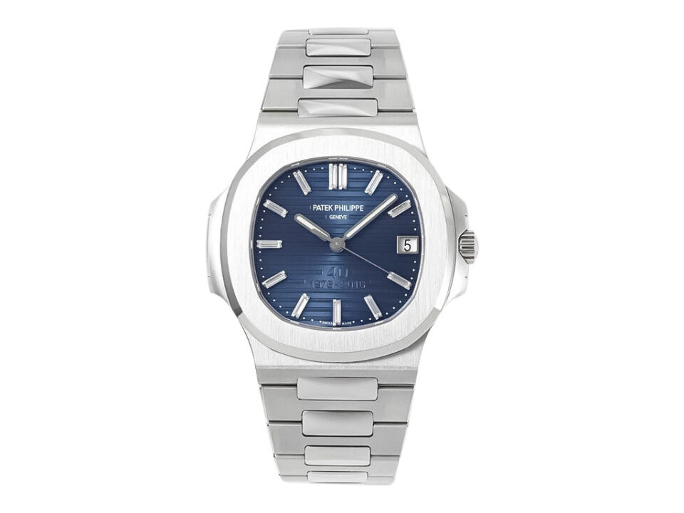 Nautilus Stainless Steel '40th Anniversary' watch with a 40mm case, blue dial, and date display on the product page.