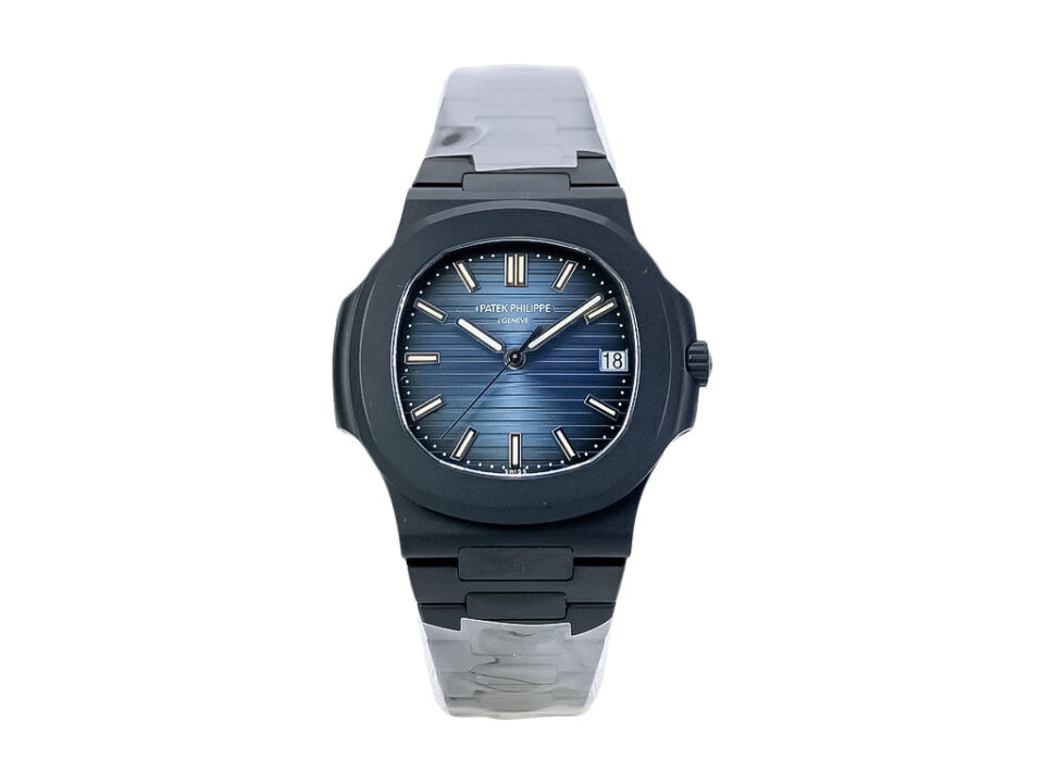 Nautilus ‘Black Venom’ Limited Edition Carbon Steel with Blue Dial (40mm), sleek design, luminous markers, date display.