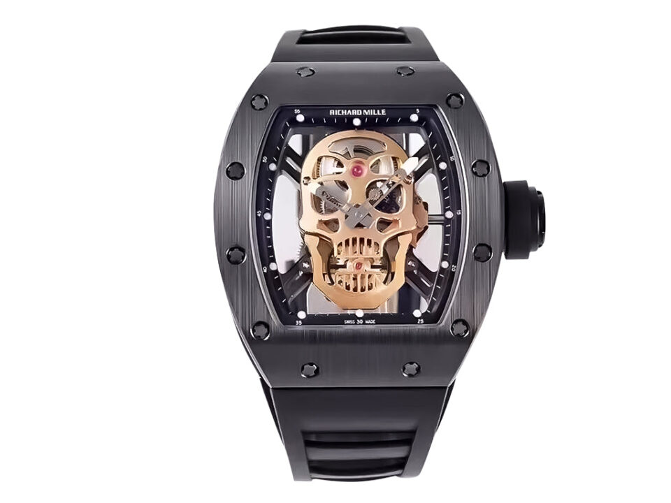 RM 52-01 Skull watch with black dial, black bezel, and black rubber strap featuring a skeleton skull design in gold.