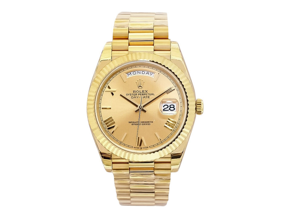Day-Date 40 Yellow Gold 'President' watch with champagne dial, Roman numerals, and fluted bezel displayed front-facing.