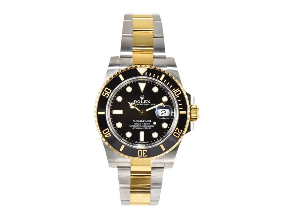 Submariner Date 'Two Tone' wristwatch in yellow gold and stainless steel with a black dial, displayed front-facing.